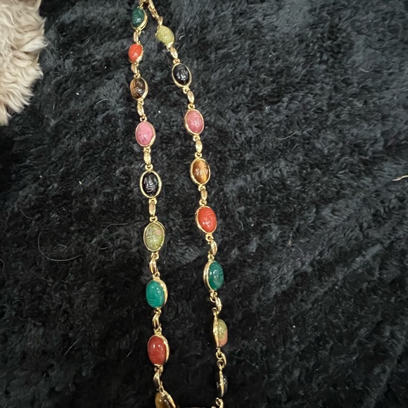 Egyptian Revival Vintage Multicolor Stone Scarab Necklace - Picture 7 of 7